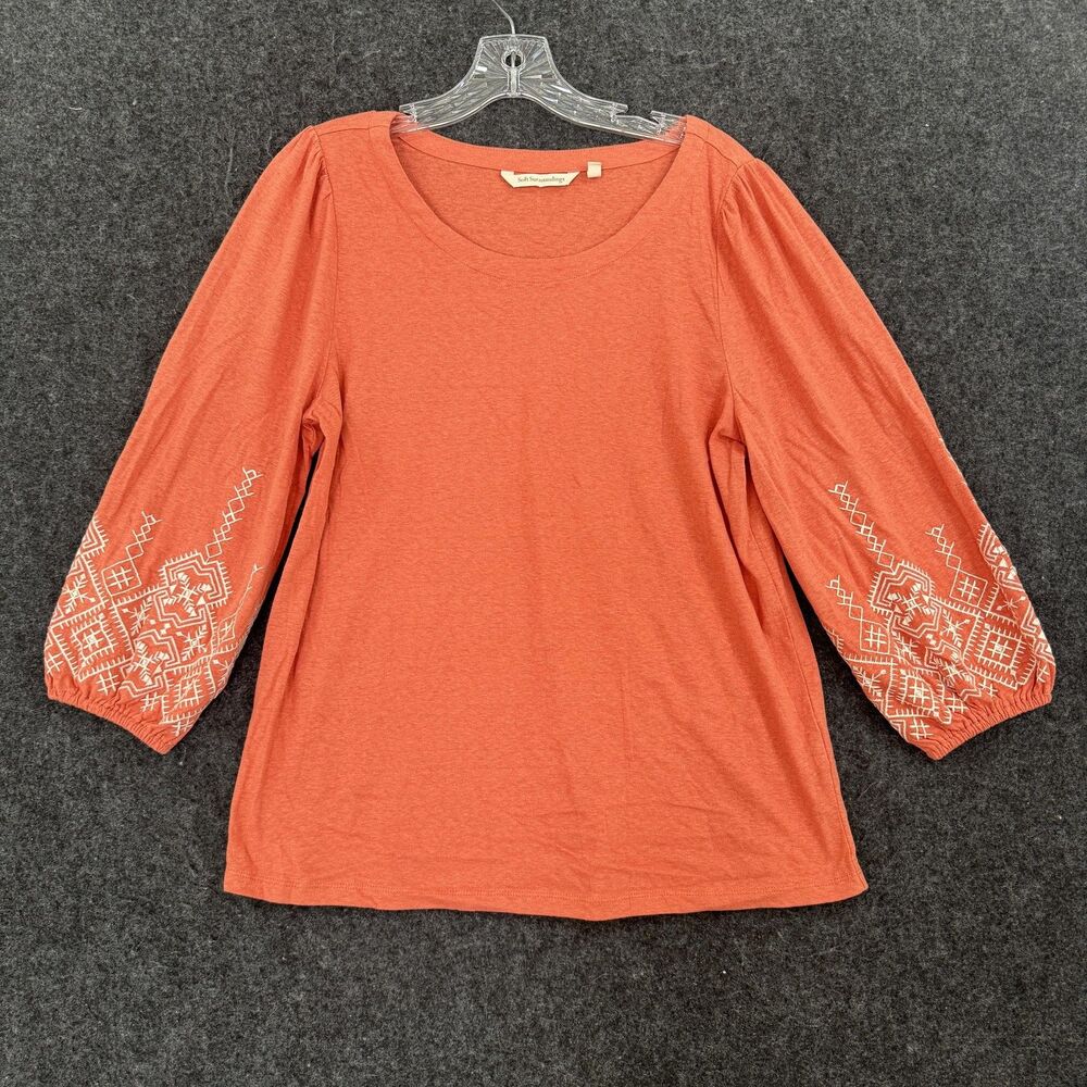 Soft Surroundings Orange Blouse with White Embroidery